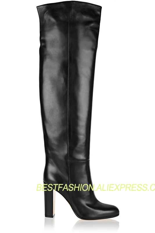 

2018 Hot Basic Black Leather Knee High Boots Shoes Woman Sqaure High Heels Design Slip On Runway Boots Mujer Shoes Plus Size
