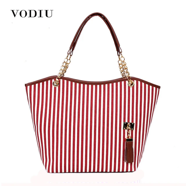 Women Handbag Canvas Over Shoulder Tote Sling Bags Striped Chain Women Handbag Canvas Over Shoulder Tote Sling Bags Striped Chain Las Bolsas Fringe Tassel Red