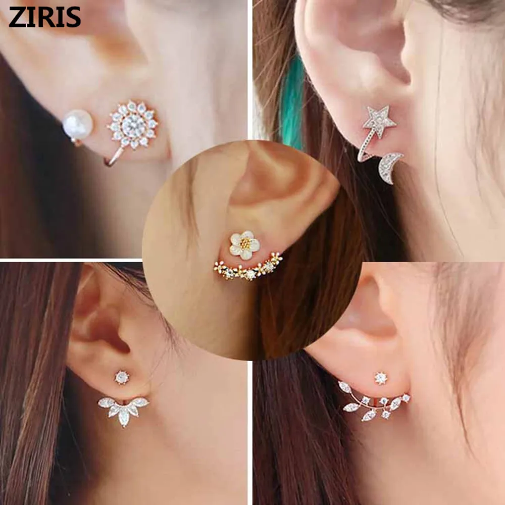

ZIRIS 2018 Lotus Crystal Jacket Flower Stud Earrings For Women fashionJewelry Double Sided Gold Silver Plated earrings