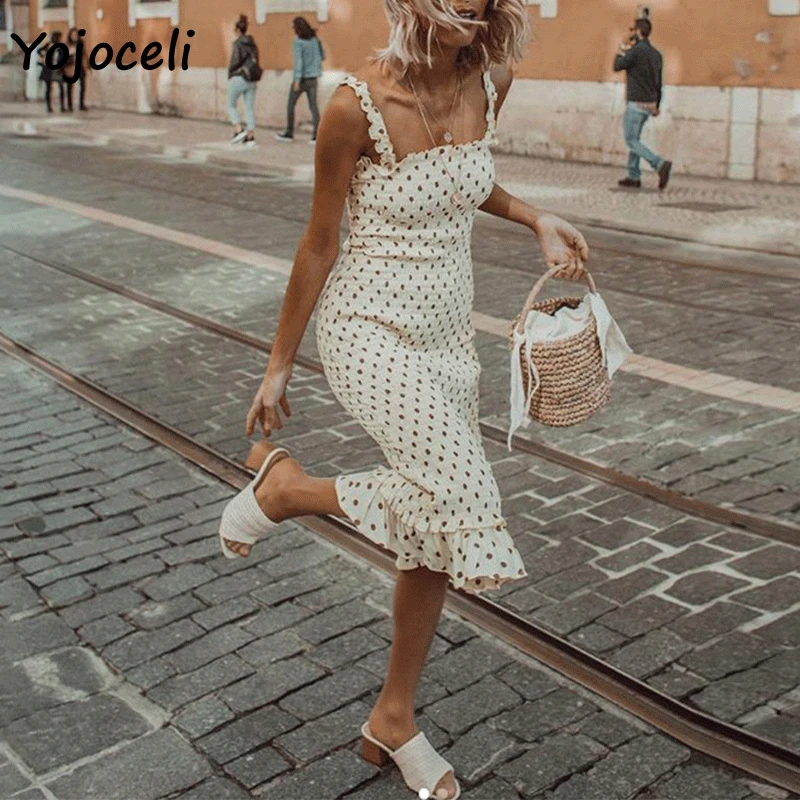 Yojoceli 2019 الصيف نقطة الشاطئ فستان الشمس المرأة bodycon سليم قلم رصاص اللباس الركبة طول فستان مكشكش Yojoceli 2019 الصيف نقطة الشاطئ فستان الشمس المرأة bodycon سليم قلم رصاص اللباس الركبة طول فستان مكشكش