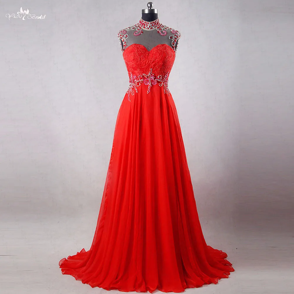 RSE731 High Neck Backless Red Prom Dress Chiffon With Rhinestones | Свадьбы и торжества