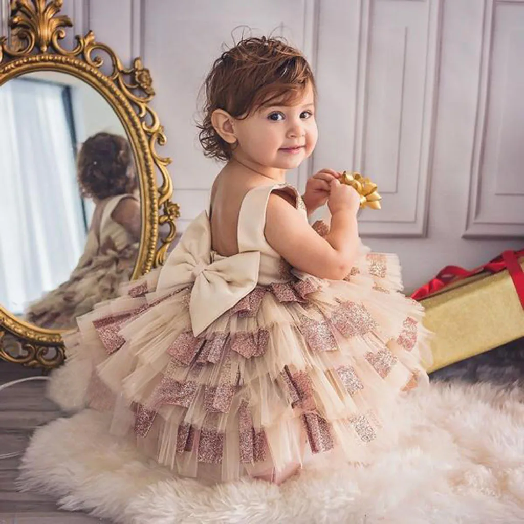 

Kids Baby Girls Clothes Bowknot Party Pageant Tutu Multi-layer Backless Tulle Princess Wedding Events Flower Girl Lace Dress