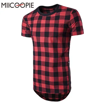 Summer Long T-shirt Men Short Sleeve Cotton Plaid T Shirt O-neck Slim Double Zipper Men
