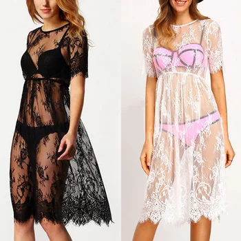 

women Short Sleeve Perspective Lace Swimsuit Cover Up Dress Sexy Round Neck Lingerie Sleepwear Underwear Nightgown Nightdress