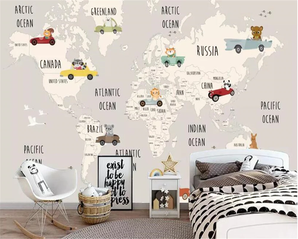 

beibehang Custom children room background wall 3d wallpaper cartoon world map animal background murals wallpaper for walls 3 d