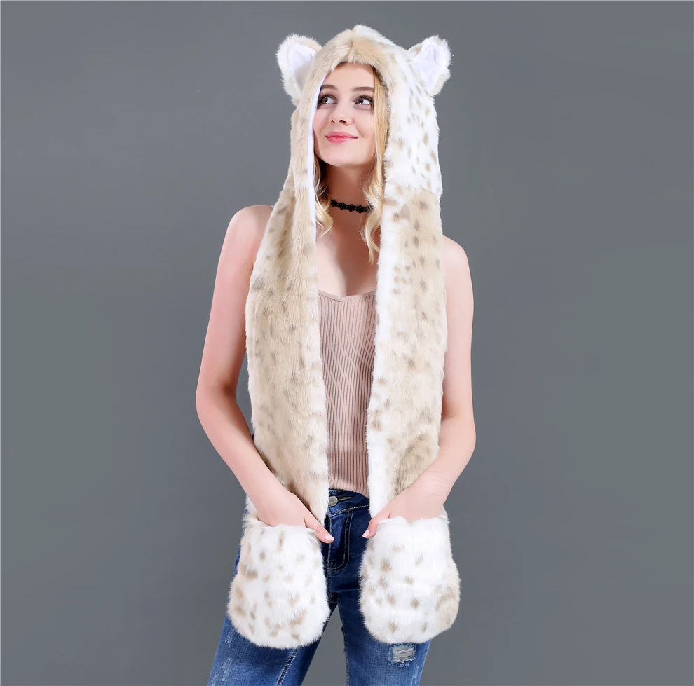 New Cartoon Animal Hat Scarf Gloves In One Snow Leopard Winter