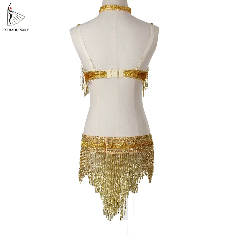 2016 Women Bellydance Clothes Eastern Style Beaded Top and Belt 2pcs Set Costumes for Belly Dance Bra Costume with Necklace