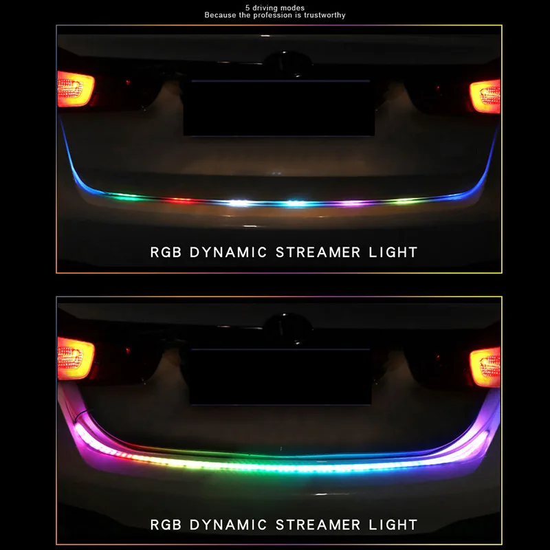 1set 120cm RGB LED Strip Lighting Rear Trunk Tail Light RGB Dynamic Streamer Brake Turn Signal Leds Warning Lights Car Styling 18