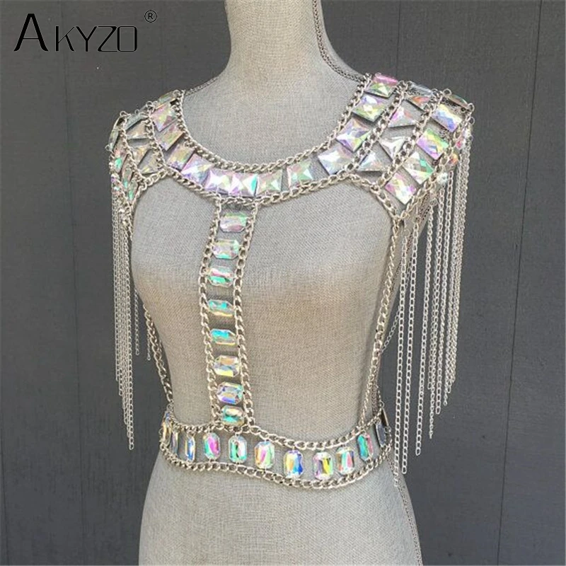 AKYZO Crazy crystal sequin женские комплекты из 2 предметов забавные праздничные наряды ручной работы в стиле пэчворк с металлической кисточкой и цепочкой Женский комплект