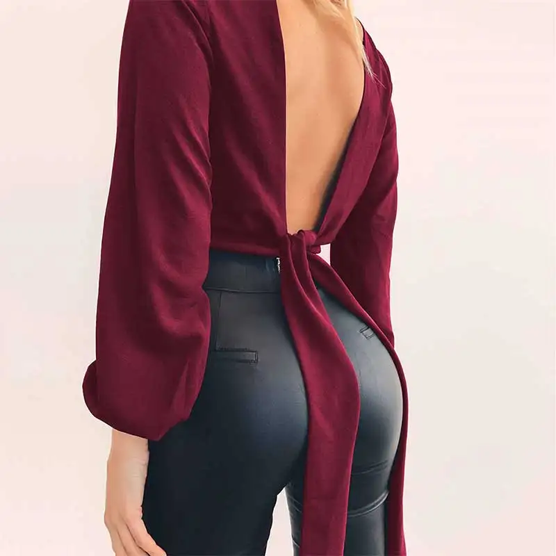 

Women Sexy Red High Cut Blouse Backless Tie Bow Back Long Sleeve Shirt Red Black White Deep V Neck Ladies Tops Clubwear Female