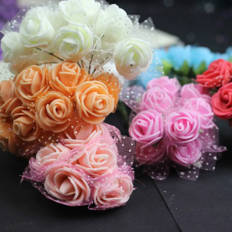 36/72/144pcs Mini Foam Rose Artificial Flowers For Home Wedding Car Decoration DIY Pompom Wreath Decorative Bridal Fake Flower