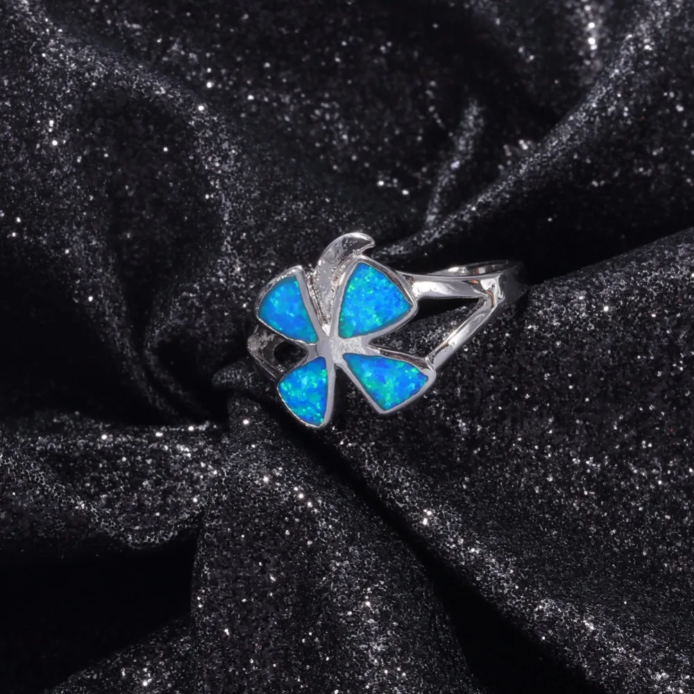 CiNily Created Blue Fire Opal Silver Plated Wholesale Lucky Leaf for Women Jewelry Wedding Engagement Ring Size 7 OJ9308