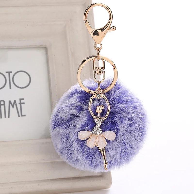 

H:HYDE new 15 color Rabbit Hairball Keychain pompons Crystal Ballet Dancer Charm Keychain for cars keyrings pom pom keychain