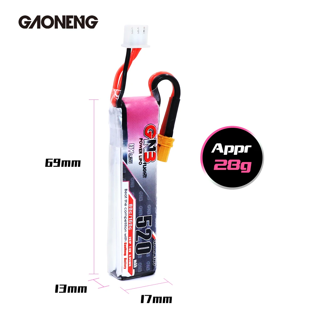 2 шт Gaoneng GNB Lipo аккумулятор 520mAh 7,6 V 80C 2S HV 4,35 V перезаряжаемый RC аккумулятор XT30 Разъем для RC FPV Дрон Квадрокоптер