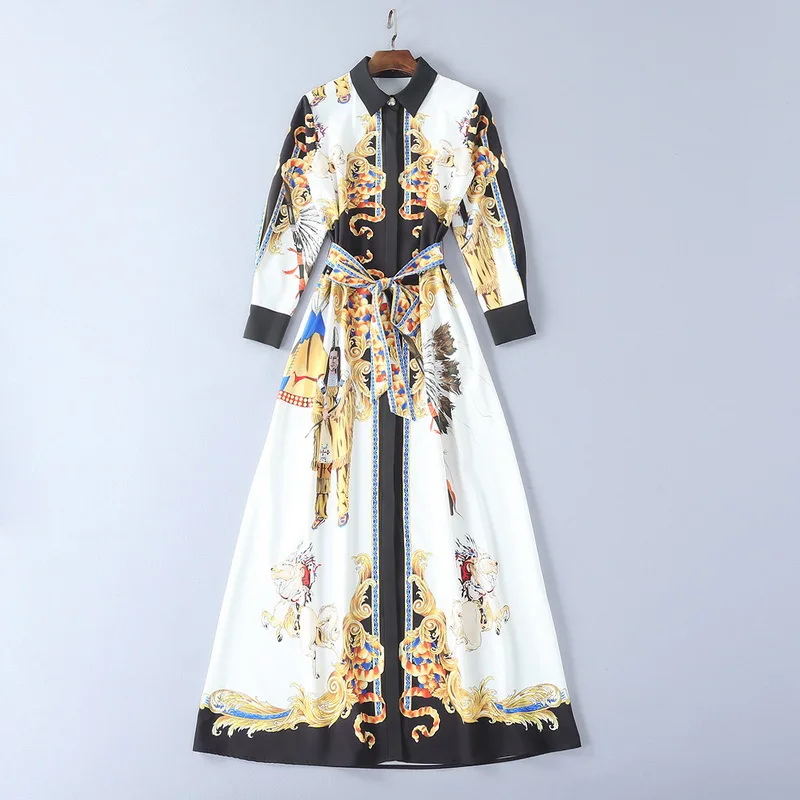 

2018 Spring Runway Dresses Vintage Print Sashes Button Long Sleeves Turn-down Collar Women's Dress Vestidos De Festa 11107