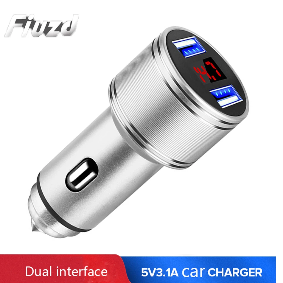 Fiuzd Dual USB Car Charger Adapter 3.1A Digital LED VoltageCurrent Display Auto Vehicle Metal Charger For Samsung s10 s9 s8 7 phone charger for huawei p20 p10 pro lite 151515