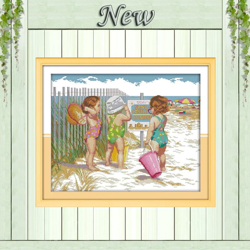 

Babies play in the beach,pattern print on fabric DMC 14CT 11CT Cross Stitch kits,embroidery needlework Sets,girl Home Decoration
