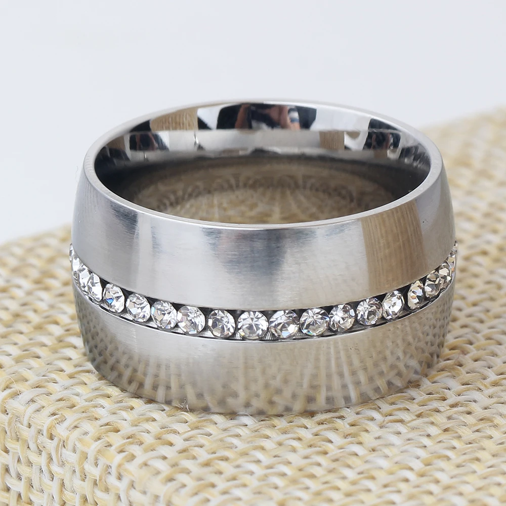 Классические 14 мм Широкие стальные кольца для женщин покрытые розовым золотом из нержавеющей стали с розовым кристаллом для женщин