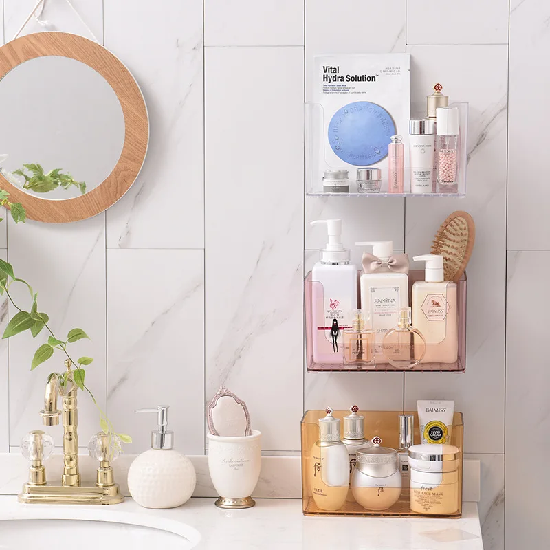 

1PCS Plastic Suction Wall Type Storage Box For Cosmetics Storage Holder Makeup Transparent Organizer Bathroom Wall Hanging Rack
