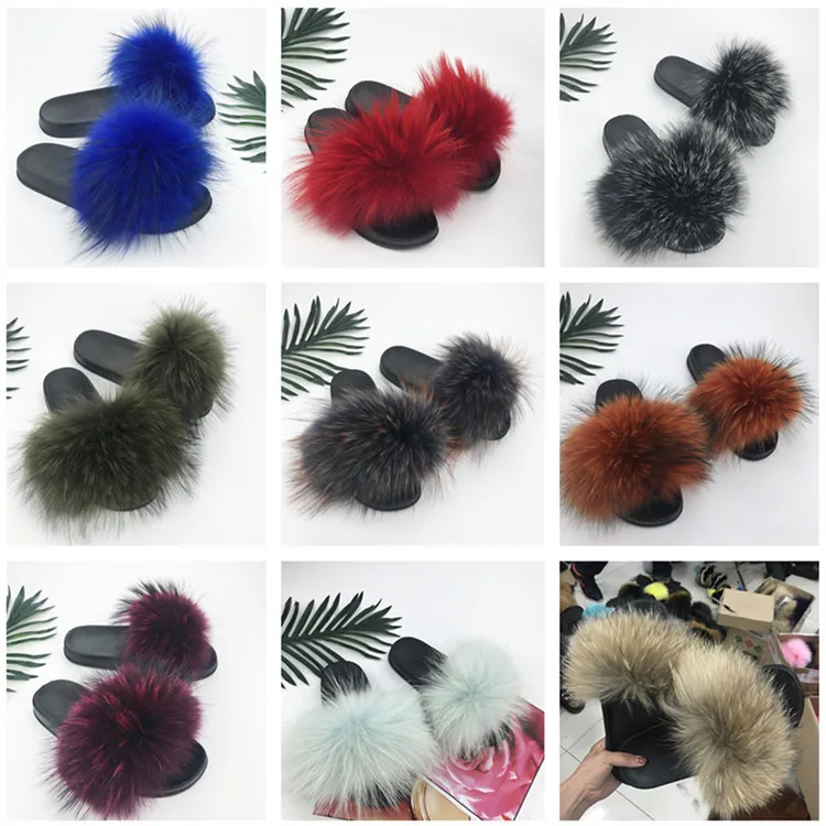 Real Raccoon Fur Slippers Women Sliders Casual Fox Hair Flat Fluffy Fashion Home Summer Big Size 45 Furry Flip Flops Shoes