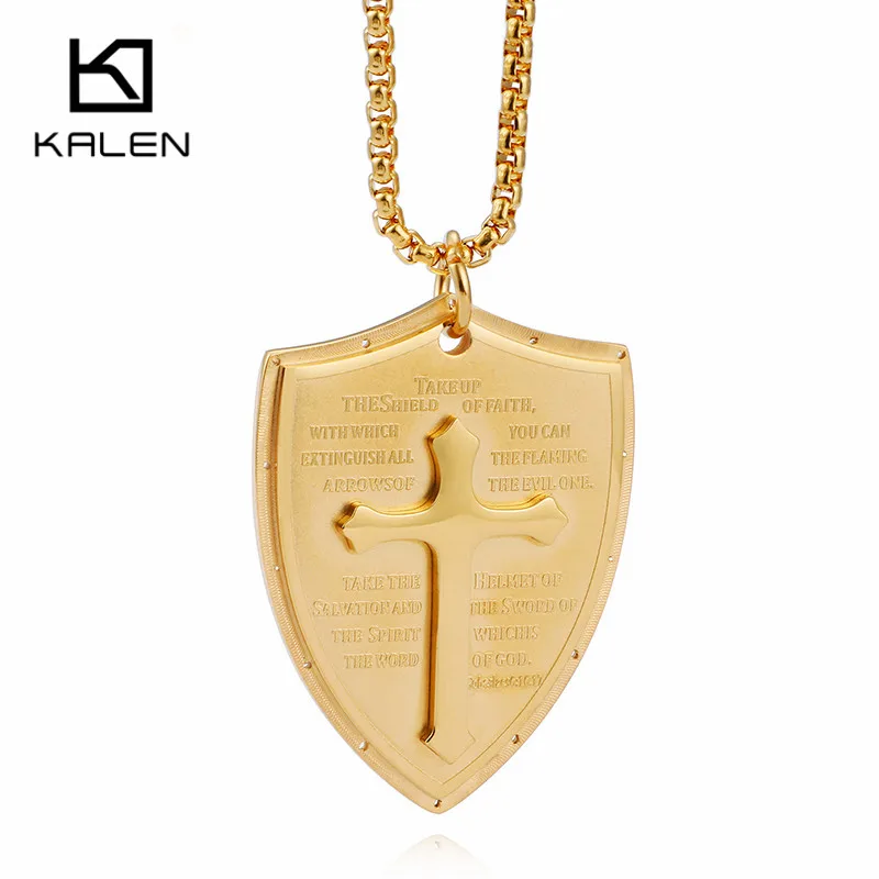 

KALEN Religious Christian Cross Bible Necklace Men's Stainless Steel Gold/Black/Silver Shield Pendant Box Chain Necklace Jewelry