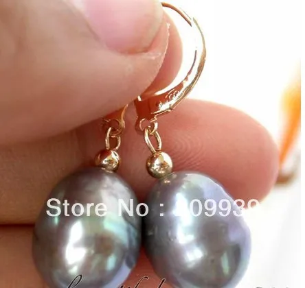

hj 00149 Excellent 15mm gray rice freshwater pearl dangle earring 14k