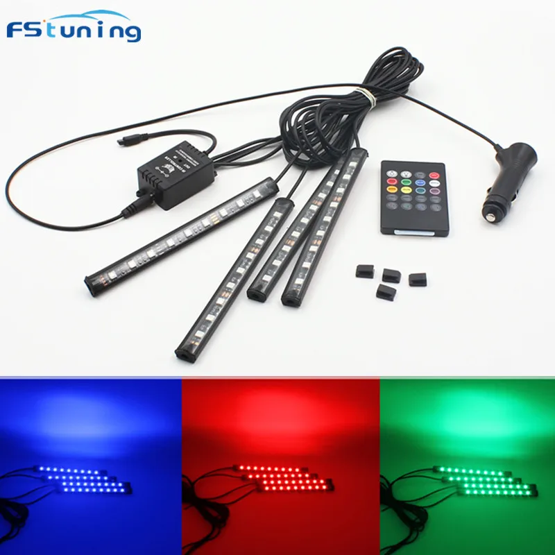 

FSTUNING RGB 12V 9 LED Strip Light Pathway Car Interior Floor Decorative Strips Atmosphere Lamp With Remote Control RGBW Strip