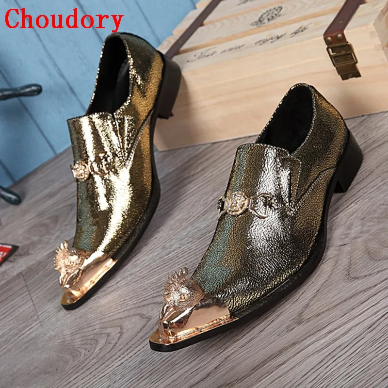 Luxury Gold Loafers Men Pointed Toe Slip Prom Dress Shoes