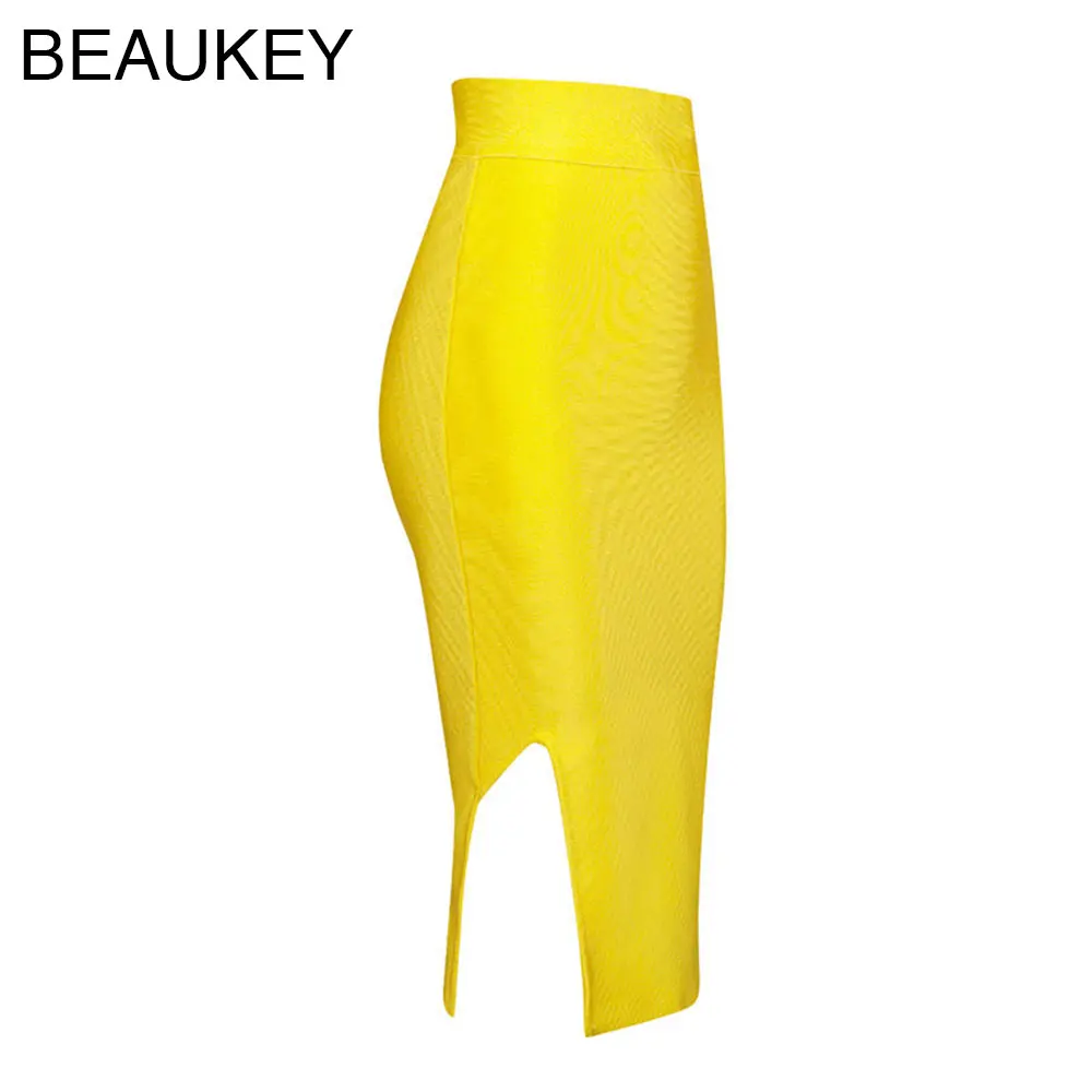 Новинка, жёлтая Сексуальная трикотажная бандажная юбка до колен с разрезом, высокая талия, юбка-карандаш из вискозы