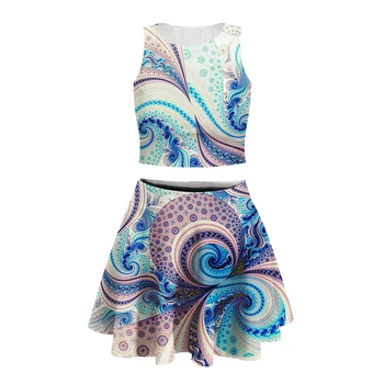 

3d Print women geometric Retro tank top with short skirt high quality Bohemia abstract Short Skirt Cheerlead Dancing suits-12