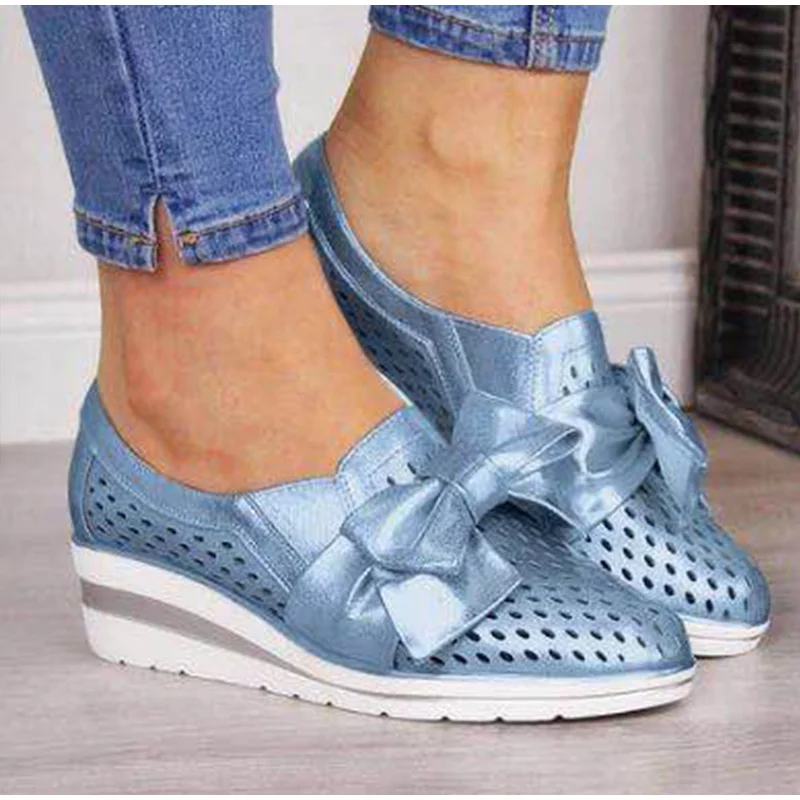 Autumn Women Shoes Wedges Hollow Out Breathable Pumps PU Bowtie Platform Fashion Ladies Slip On Casual Comfort Female Moccasins