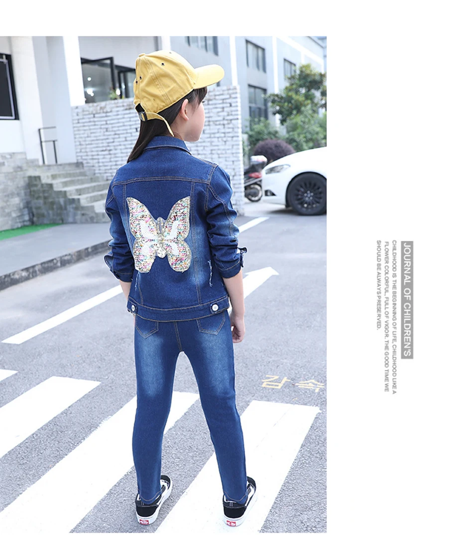 Осенняя джинсовая детская одежда с блестками куртка с бабочками+ штаны Модный комплект из 2 предметов, весенняя одежда для девочек-подростков 6, 8, 12 лет