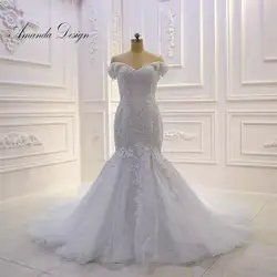 Аманда дизайн vestido de noiva с открытыми плечами кружево Аппликация Кристалл Русалка свадебное платье