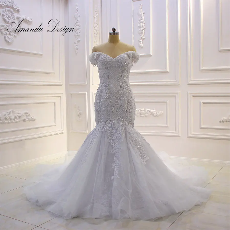 

Amanda Design vestido de noiva Off Shoulder Lace Appliqued Crystal Mermaid Wedding Dress