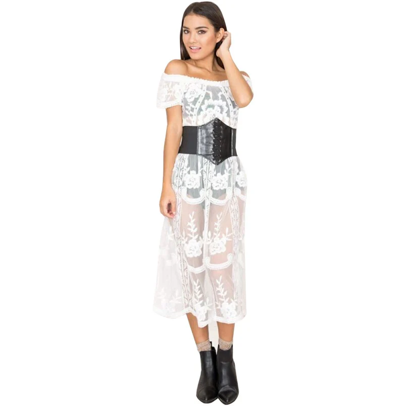 2018 New Women Sexy Off Shoulder Floral Lace Hollow Bikini Cover Up Slash Neck Swimwear Casual Beach Dress Wholesale F#L18 (3)