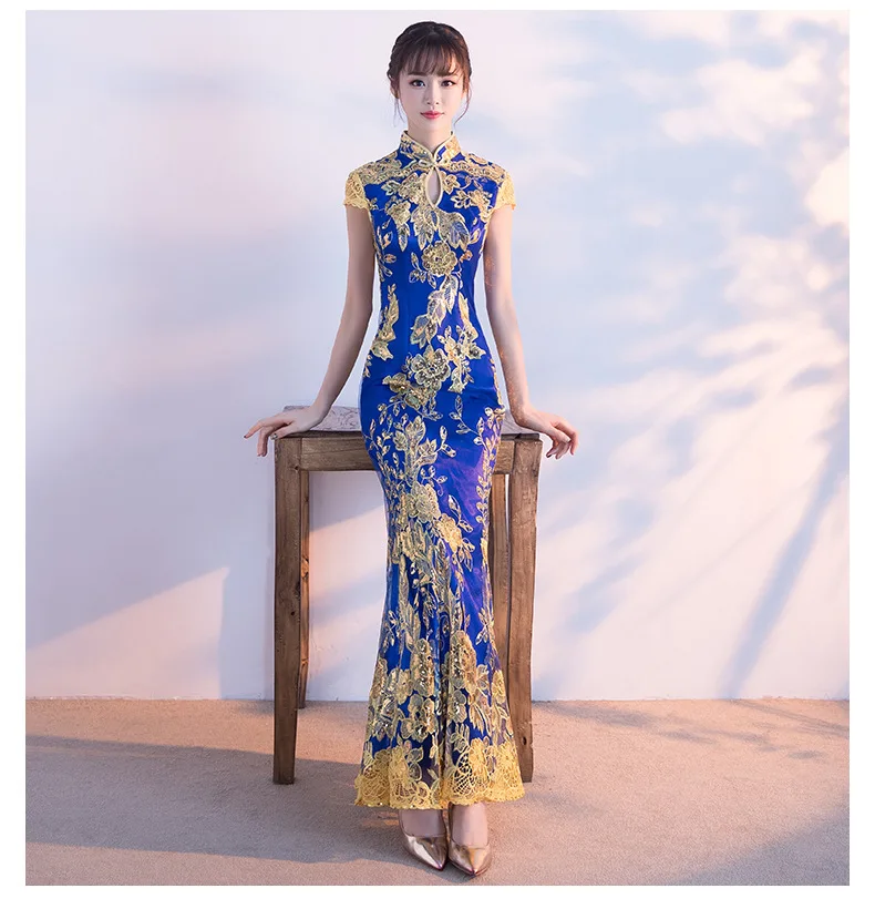 blue A Зеленый Cheongsam женское традиционное платье сексуальное свадебное Qipao Вышивка Китайские Восточные Платья Vestidos Formales длинное Qi Pao - Цвет: blue A