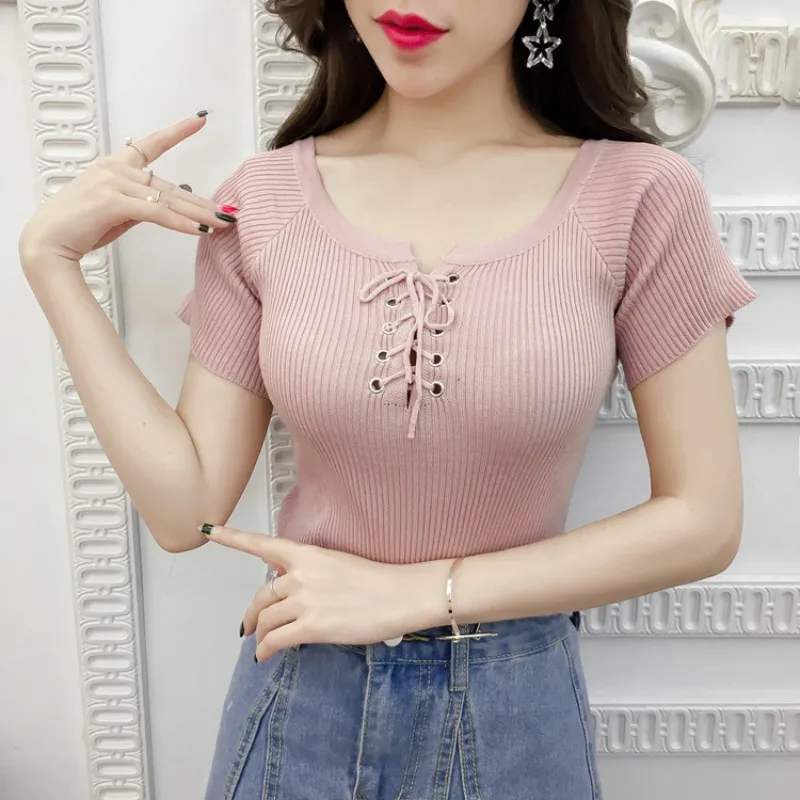 

Sexy Slim Lace Up Collar Summer T Shirt Women Knitted Short Sleeves Top O-Neck Tshirt Knitwear Female T-shirt Tops Solid 6 Color
