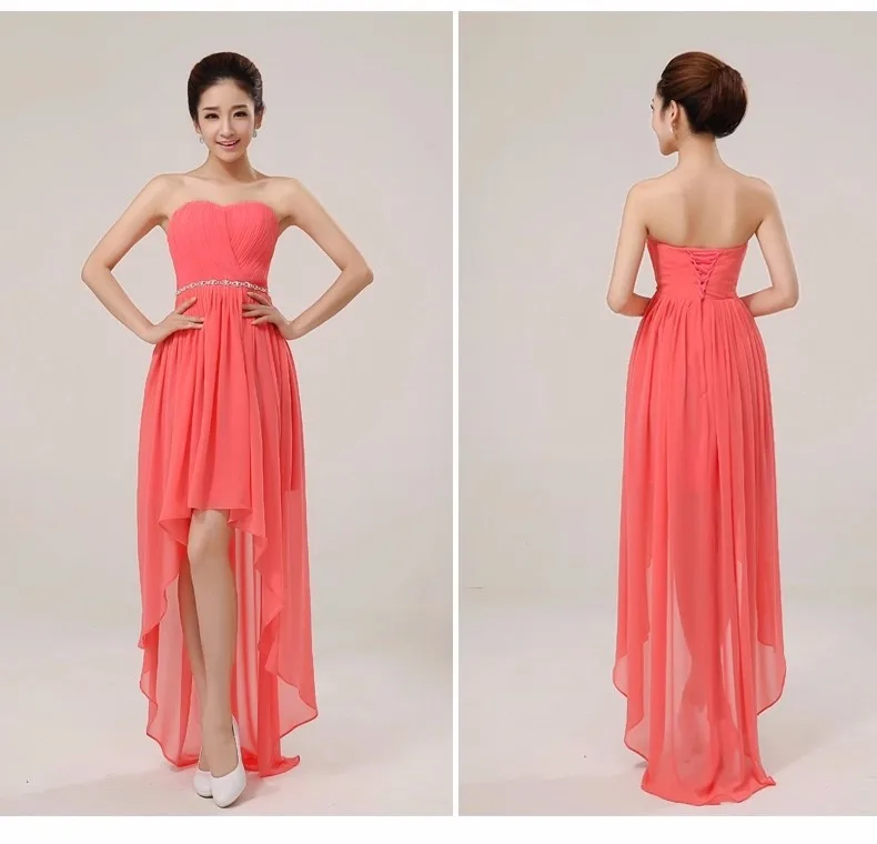 Sexy Strapless Hi Low Ruched Long Coral Chiffon Beach