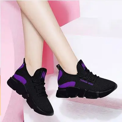 Женские кроссовки; коллекция года; модная повседневная обувь; Женская удобная обувь из дышащего сетчатого материала на плоской подошве; женские черные кроссовки на платформе; tenis feminino - Цвет: purple