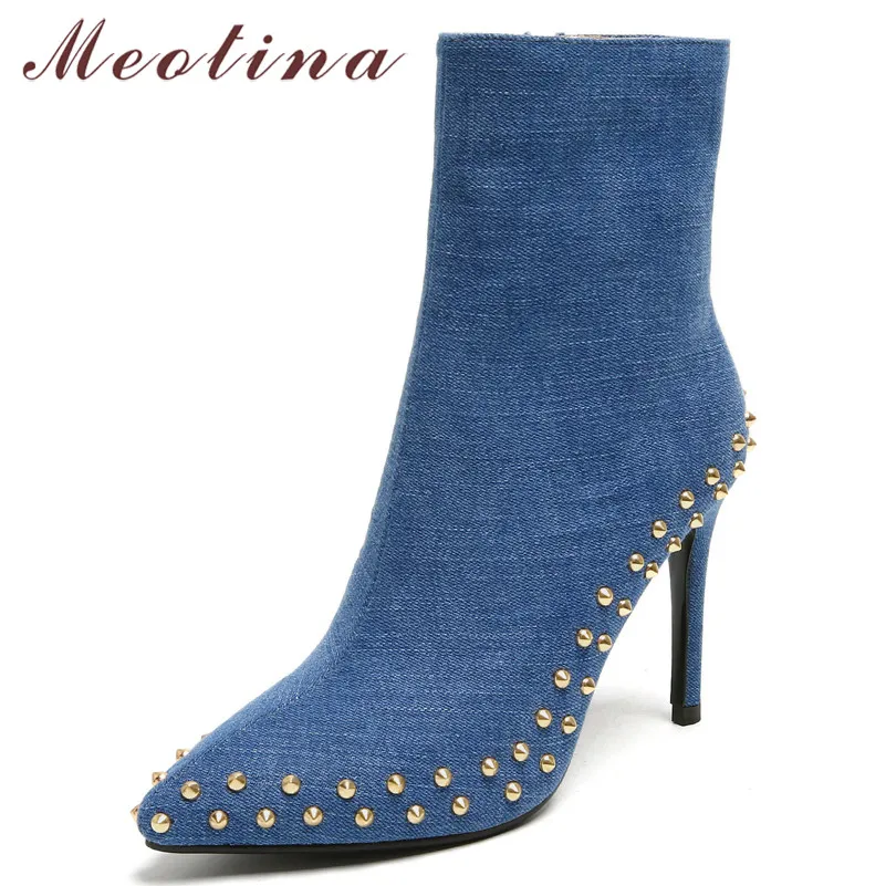 

Meotina Autumn Ankle Boots Women Boots Rivets Zipper Thin Heel Short Boots Denim Extreme High Heel Shoes Lady Spring Size 34-39