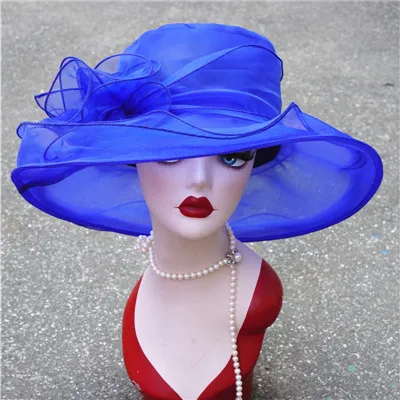 Летняя женская шляпа Кентукки Дерби с широкими полями, шляпа от солнца, свадебные церковные пляжные шляпы для женщин, женская шляпа - Цвет: Синий