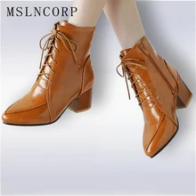 Plus Size 34-45 spring autumn Handmade Women Ankle Boots Comfortable Designer high heel lace-up martin boots thick heel Shoes plus size 34 40 fashion lace wedding shoes white for women handmade bridal shoe comfortable heel platforms brides shoes