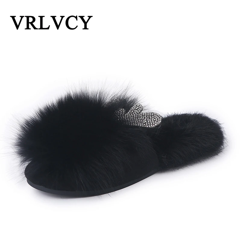 

2018 autumn and winter new rhinestone rabbit ear fox fur flat bottom wearing baotou fur slippers female