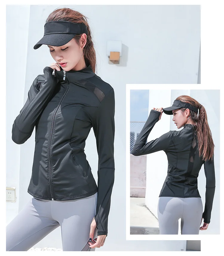 Женская спортивная куртка с длинным рукавом для бега, сетчатая пряжа, Сращивание, Йога, тренажерный зал, фитнес, обтягивающие топы, быстросохнущее дышащее спортивное пальто