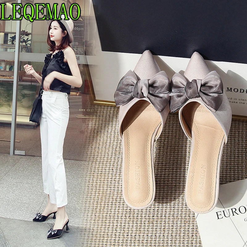 

2019 Newest Mules Shoes Thin Med Heels Summer Slippers Women Pointed Toe Bowtie Slip On Outside Slides Shoes Sexy