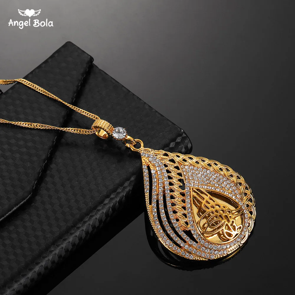 

Middle East Arab Jewelry Rhinestone Turkish for Women Metal Coin Muslim Islam Allah Necklace for Turks Gold Color Arab Pendant