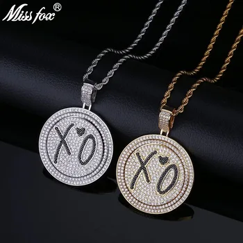 

MISSFOX Hip Hop Migos Star Style XO Rap Long Gold Pendant Necklace AAA CZ Stone Double Layered Rotatable Round Iced Out Pendant