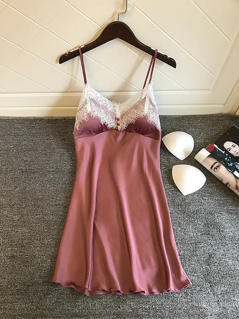 Women's Sleepwear Silk Satin Nightgowns Summer Sexy Lace Sleepshirt Night Dress Night Gown With Chest Pads Nightwear Lingerie 15