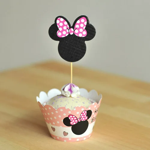 

24pcs Minnie Mouse Happy Birthday Cupcake Cake Wrappers Toppers Baby Shower Kids Birthday Party Decorative Supplies