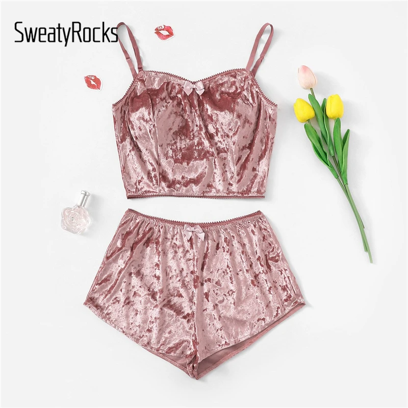 

SweatyRocks Bow Detail Velvet Cami Pajama Set Solid Spaghetti Strap Sexy Pajamas For Women Sleeveless Summer Couple Pajamas